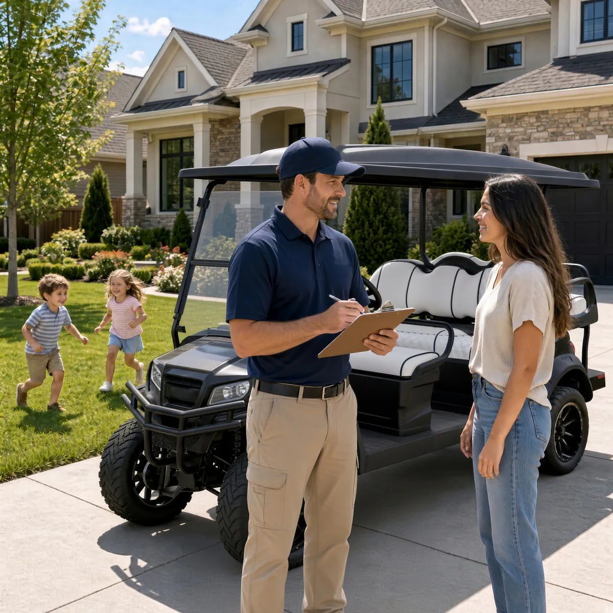Technician with a clipboard talking with a homeowner beside a lifted six-seat golf cart in her driveway while her kids play on the lawn
